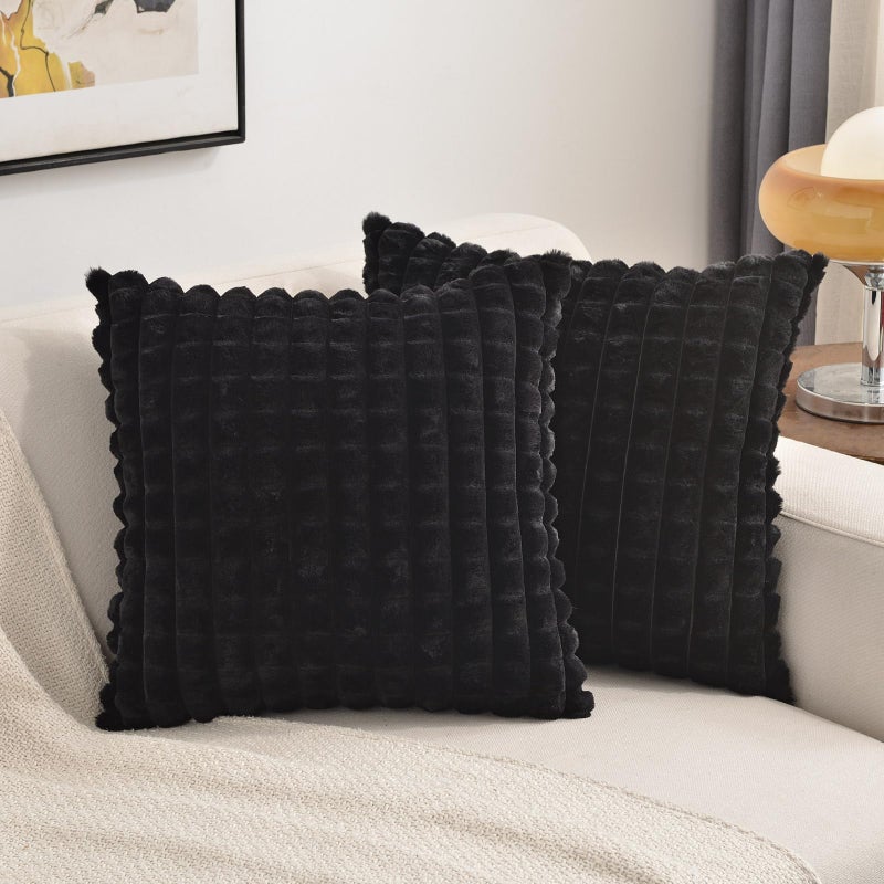 FUTEI Black Decorative Throw Pillow Covers 20x20 Inch Set of 2Square Cushion CaseFluffy Faux Rabbit Fur Plaid  Soft Velvet BackModern Home Decor for Couch Bed