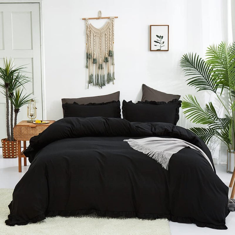 CLOTHKNOW Black Ruffles Queen Comforter Set Farmhouse Bedding Comforter Sets Shabby Chic Comforter Boho Comforter Queen with 2 x Pillow Cases