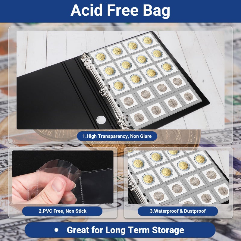 ENPOINT 600 Pockets Acid Free Coin Sleeves, Non Stick and Non Glare, Fit for Coin Flips 2x2 inch, 3 Ring Binder Sleeves Clear Plastic Stamp Collecting Supplies, 30 Pack - Image 3