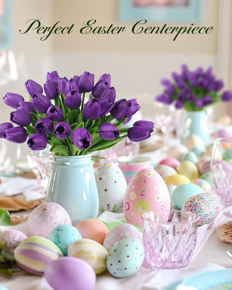 MACTING 30 PCS Artificial Tulip Flowers 13.7" Real Touch Fake Flowers Faux PU Tulips Bouquet for Floral Arrangements Table Centerpieces Kitchen Home Mothers Day Spring Easter Decorations,Purple - Image 2