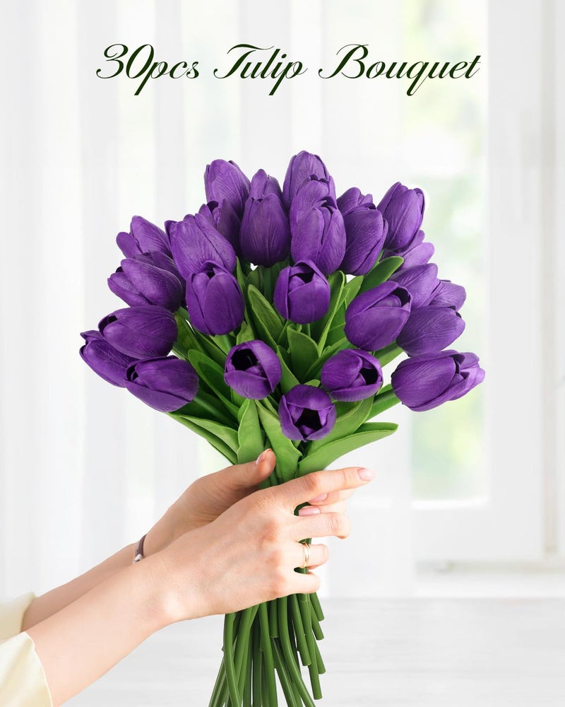 MACTING 30 PCS Artificial Tulip Flowers 13.7" Real Touch Fake Flowers Faux PU Tulips Bouquet for Floral Arrangements Table Centerpieces Kitchen Home Mothers Day Spring Easter Decorations,Purple - Image 5
