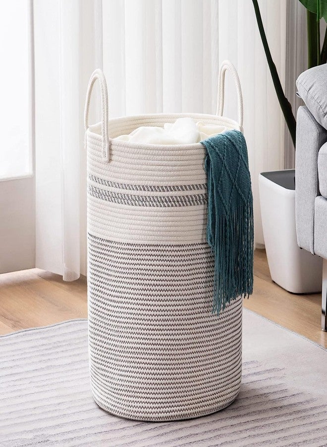 Gleckn® Woven Rope Laundry Hamper Basket, Baby Nursery Hamper For Blanket Storage, Clothes Hamper For Laundry In Bedroom,Hall ( Small (41L) (14"X14"X16"),(Stripe White)) - Image 1
