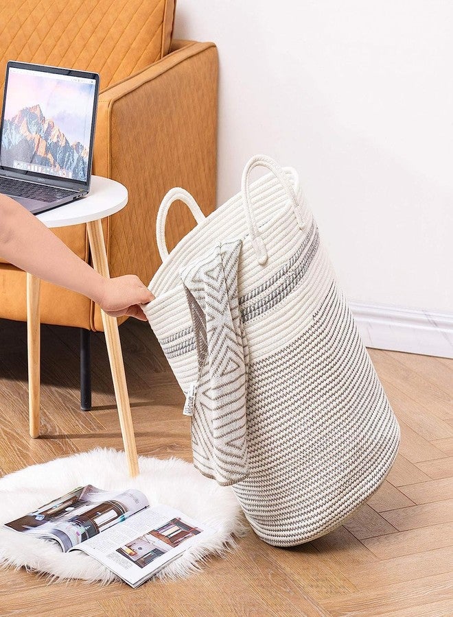 Gleckn® Woven Rope Laundry Hamper Basket, Baby Nursery Hamper For Blanket Storage, Clothes Hamper For Laundry In Bedroom,Hall ( Small (41L) (14"X14"X16"),(Stripe White)) - Image 5