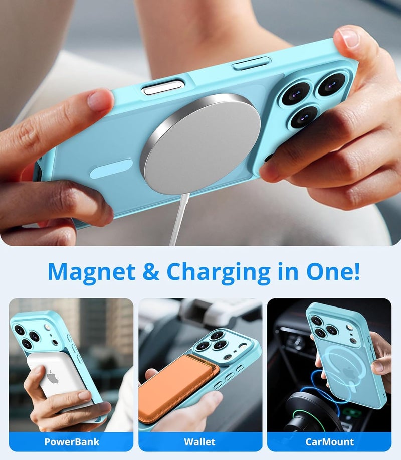 حافظة مغناطيسية لـ iPhone 17 Pro Max مع زجاج واقي واحد، متوافقة مع Magsafe، حماية من السقوط وفق المعايير العسكرية، ظهر غير لامع ��فاف، حافظة هاتف مقاومة للصدمات، أزرق فاتح - Image 3