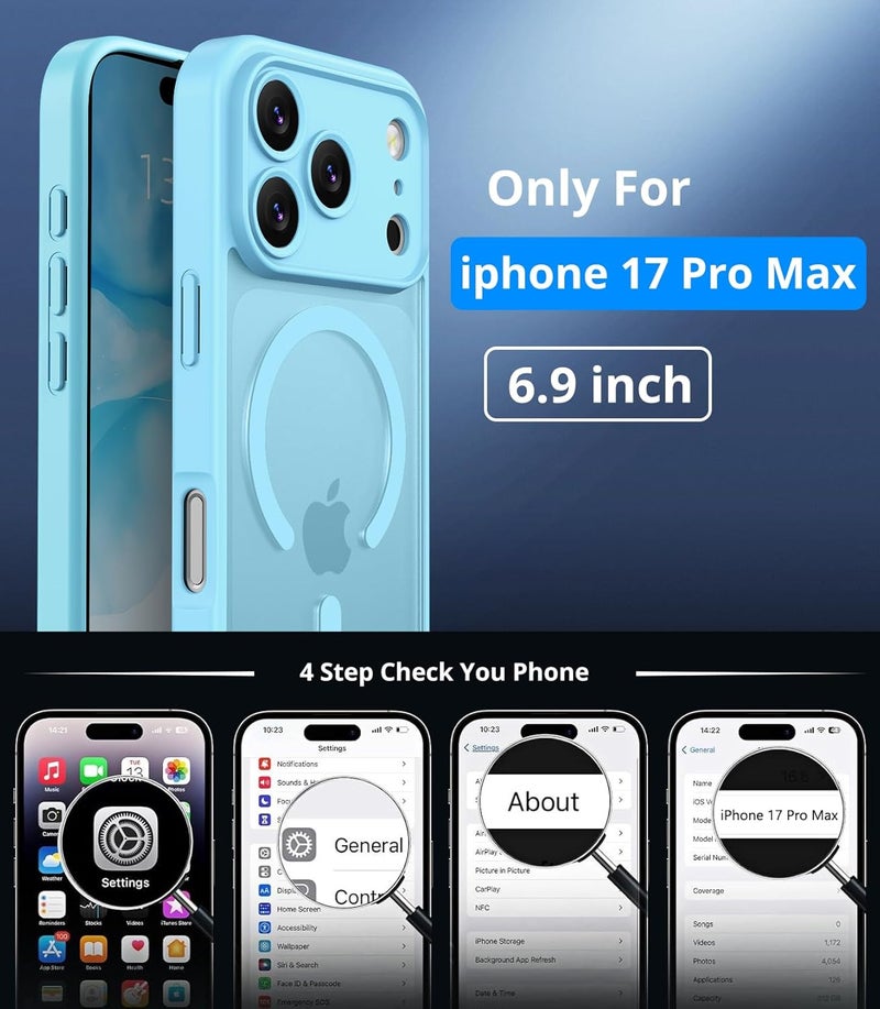 حافظة مغناطيسية لـ iPhone 17 Pro Max مع زجاج واقي واحد، متوافقة مع Magsafe، حماية من السقوط وفق المعايير العسكرية، ظهر غير لامع ��فاف، حافظة هاتف مقاومة للصدمات، أزرق فاتح - Image 4