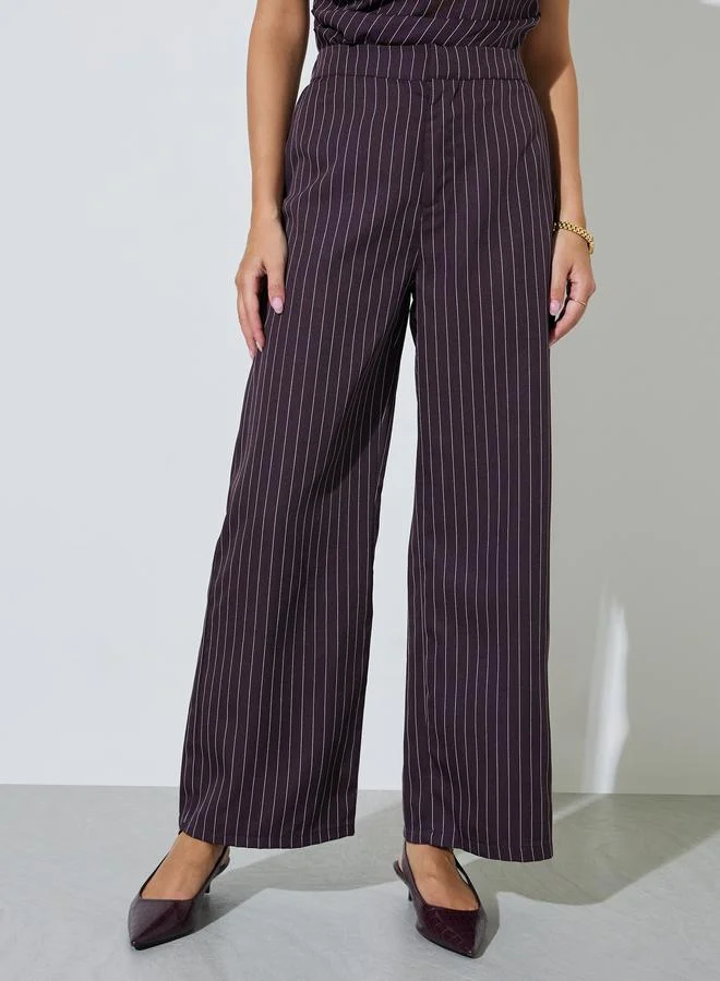 Styli Brown Pinstripe Wide Leg Trousers