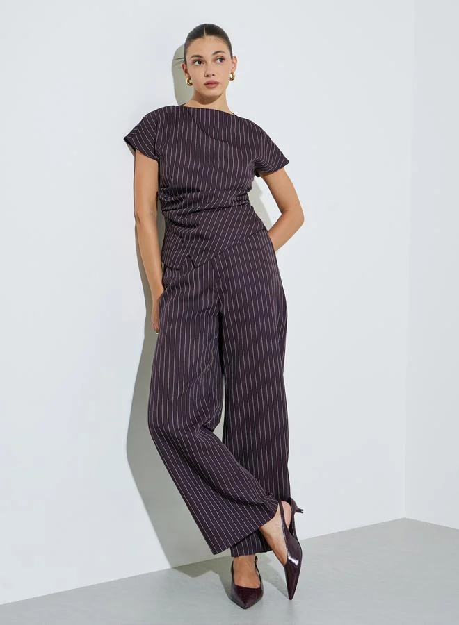 Styli Brown Pinstripe Wide Leg Trousers