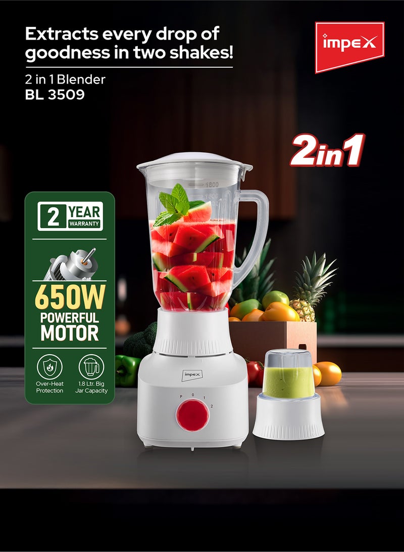 Impex 2 in 1 Powerful Blender 650W with Grinder, 1.8L Blender Jar,50g Grinding Jar, 2 Speed Settings with Pulse Control, Motor Overheat Protection, 220-240V, Durable Design 1.8 L 650 W BL 3509 White - Image 2