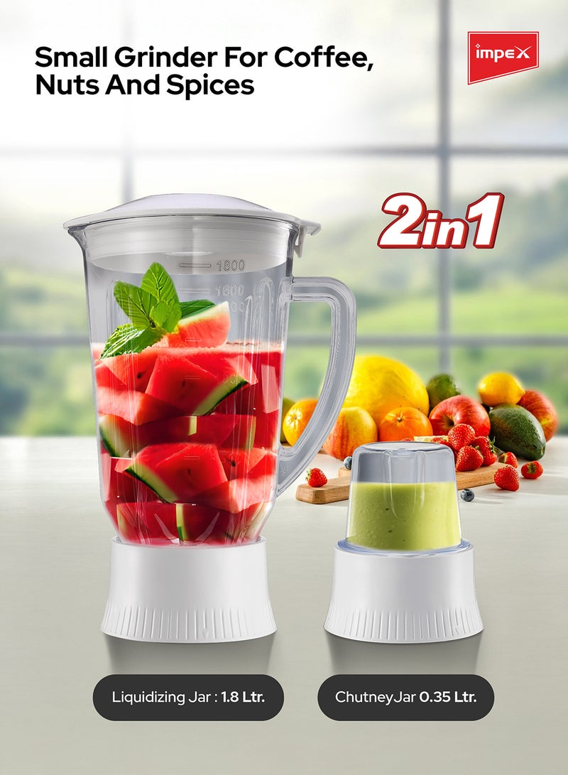 Impex 2 in 1 Powerful Blender 650W with Grinder, 1.8L Blender Jar,50g Grinding Jar, 2 Speed Settings with Pulse Control, Motor Overheat Protection, 220-240V, Durable Design 1.8 L 650 W BL 3509 White - Image 4