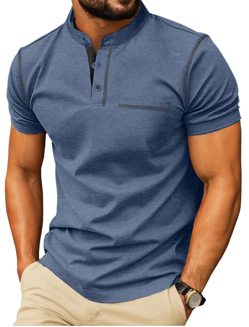 Sailwind Mens Henley Shirts Short Sleeve Summer Casual Classic Cotton T Shirts Pocket Button Shirt Blue - Image 1