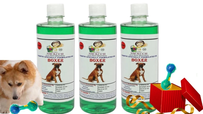 swacch Boxer Dog Shampoo + Dumbbell Toy I Durable Rubber Dog Toy for Chewing I Playing,Teeth Cleaning & Training Toy I Combo Pack I 500ml Pack of 3 Neem Alovera - Image 1