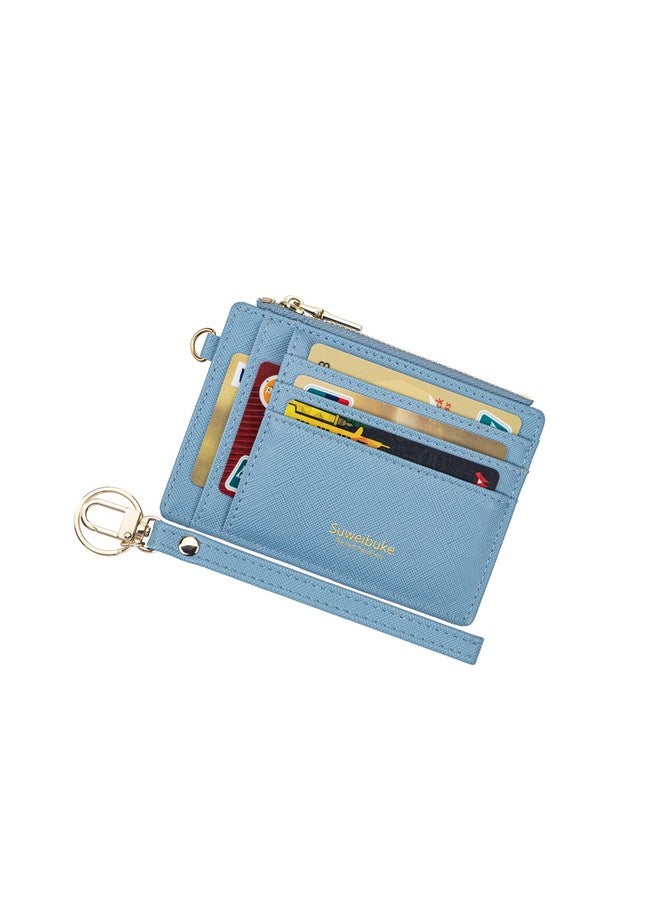 Wikavanli حافظة بطاقات ائتمان رفيعة للسيدات مع حماية RFID، حافظة معصم بسحاب، محفظة صغيرة مدمجة من الجلد، حقيبة نقود مع حلقة مفاتيح (زرقاء) - Image 1