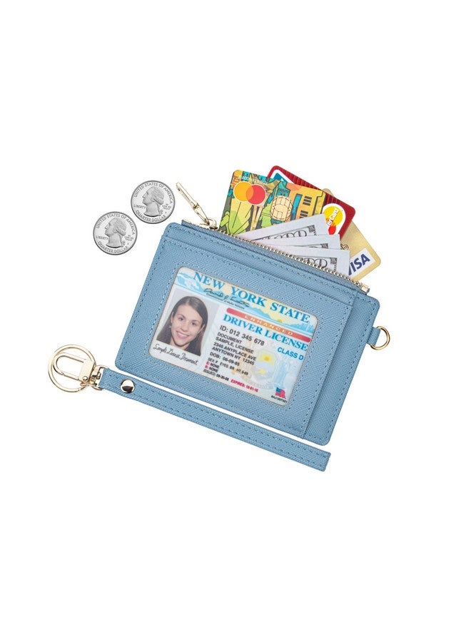 Wikavanli حافظة بطاقات ائتمان رفيعة للسيدات مع حماية RFID، حافظة معصم بسحاب، محفظة صغيرة مدمجة من الجلد، حقيبة نقود مع حلقة مفاتيح (زرقاء) - Image 2