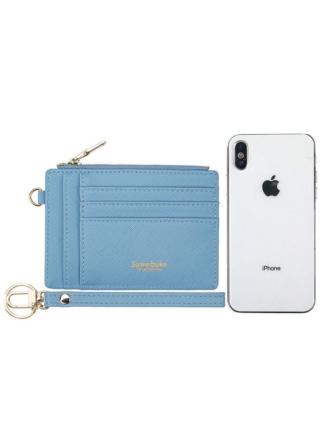 Wikavanli حافظة بطاقات ائتمان رفيعة للسيدات مع حماية RFID، حافظة معصم بسحاب، محفظة صغيرة مدمجة من الجلد، حقيبة نقود مع حلقة مفاتيح (زرقاء) - Image 3