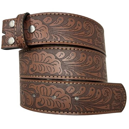 BC Belts Leather Belt Strap with Embossed Western Scrollwork 1.5" Wide with Snaps (Brown-S) - Image 1
