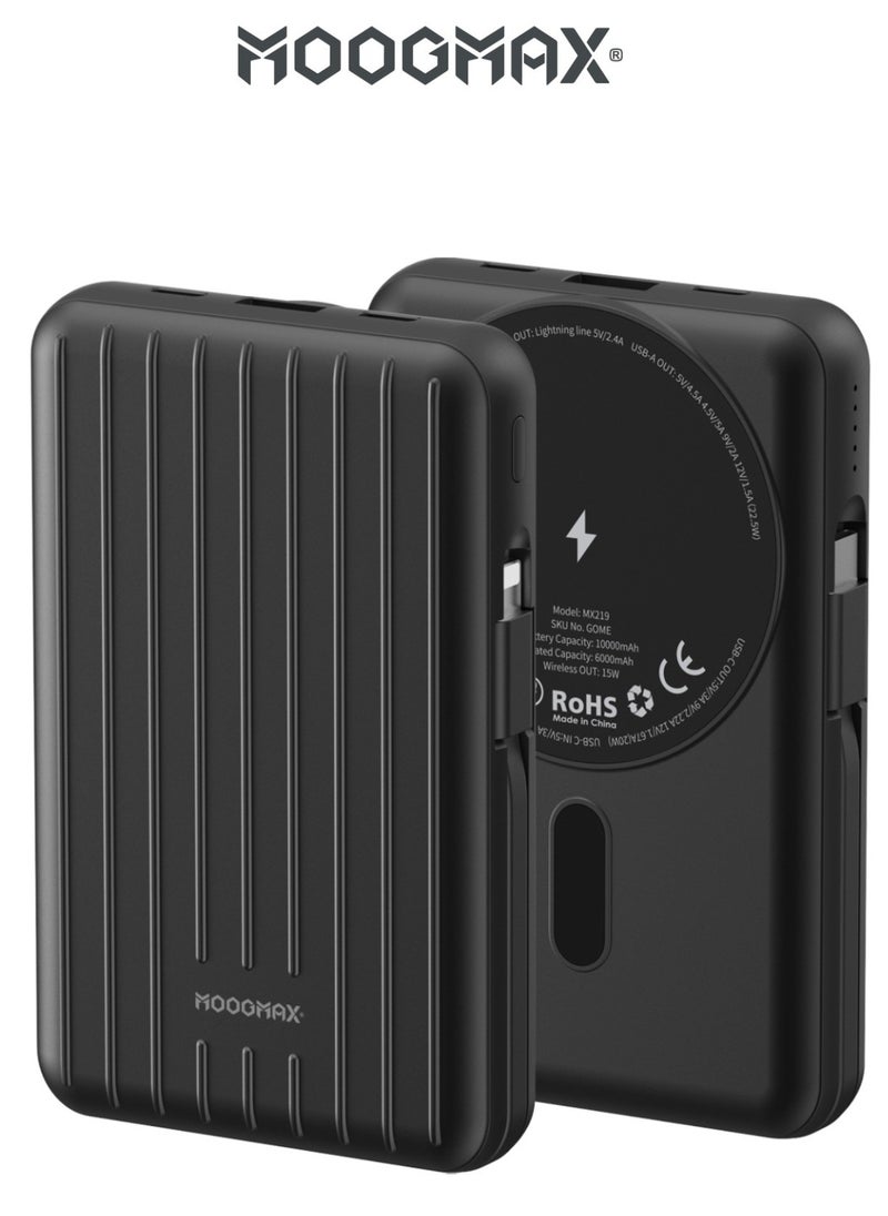 MOOGMAX - Trunk power bank 10000 mAh. Small magnetic wireless powerbank. magsafe power bank with 3 ports (USB & Type-C PD & Lightning). portable charger with built-in fabric charging cables (Type-C & Lightning for iPhone).wireless power bank fast charging with 15W wireless charging & 22.5W for ports & cables. Black - Image 1