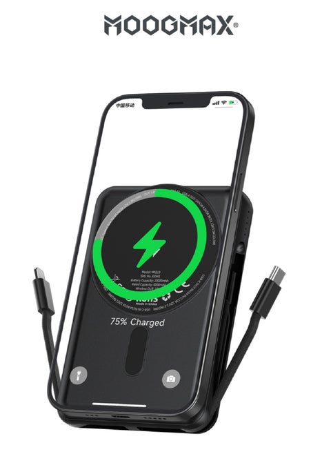 Trunk power bank 10000 mAh. Small magnetic wireless powerbank. magsafe power bank with 3 ports (USB & Type-C PD & Lightning). portable charger with built-in fabric charging cables (Type-C & Lightning for iPhone).wireless power bank fast charging with 15W wireless charging & 22.5W for ports & cables. Black