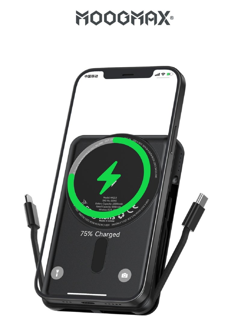 MOOGMAX - Trunk power bank 10000 mAh. Small magnetic wireless powerbank. magsafe power bank with 3 ports (USB & Type-C PD & Lightning). portable charger with built-in fabric charging cables (Type-C & Lightning for iPhone).wireless power bank fast charging with 15W wireless charging & 22.5W for ports & cables. Black - Image 1
