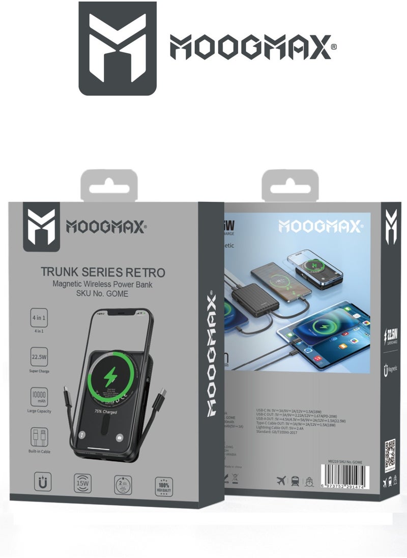 MOOGMAX - Trunk power bank 10000 mAh. Small magnetic wireless powerbank. magsafe power bank with 3 ports (USB & Type-C PD & Lightning). portable charger with built-in fabric charging cables (Type-C & Lightning for iPhone).wireless power bank fast charging with 15W wireless charging & 22.5W for ports & cables. Black - Image 1