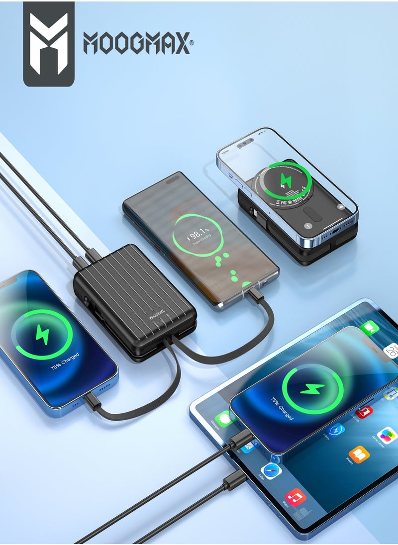 MOOGMAX - Trunk power bank 10000 mAh. Small magnetic wireless powerbank. magsafe power bank with 3 ports (USB & Type-C PD & Lightning). portable charger with built-in fabric charging cables (Type-C & Lightning for iPhone).wireless power bank fast charging with 15W wireless charging & 22.5W for ports & cables. Black - Image 1