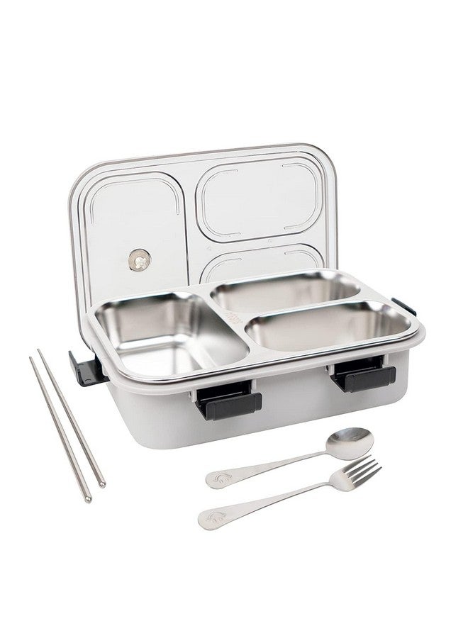 Brand Conquer Lunch Box 3 Compartment Leak-Proof Bpa Free Stainless Steel For School, Lunch Box For School & Office With A Fork, A Spoon And A Pair Of Chopsticks (3 Compartment, Grey), 900Ml - Image 1