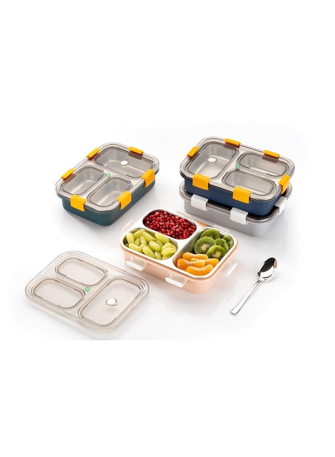 Brand Conquer Lunch Box 3 Compartment Leak-Proof Bpa Free Stainless Steel For School, Lunch Box For School & Office With A Fork, A Spoon And A Pair Of Chopsticks (3 Compartment, Grey), 900Ml - Image 5