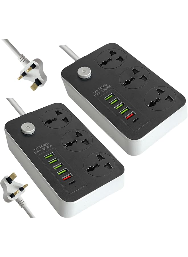 promass Power Strips Extension Cords 2pcs, Universal Power Socket with 3 Outlets 5 USB & 1 Type-C Ports, 2M Bold Extension Cord Plug Adapter for Home, Office, Kitchen