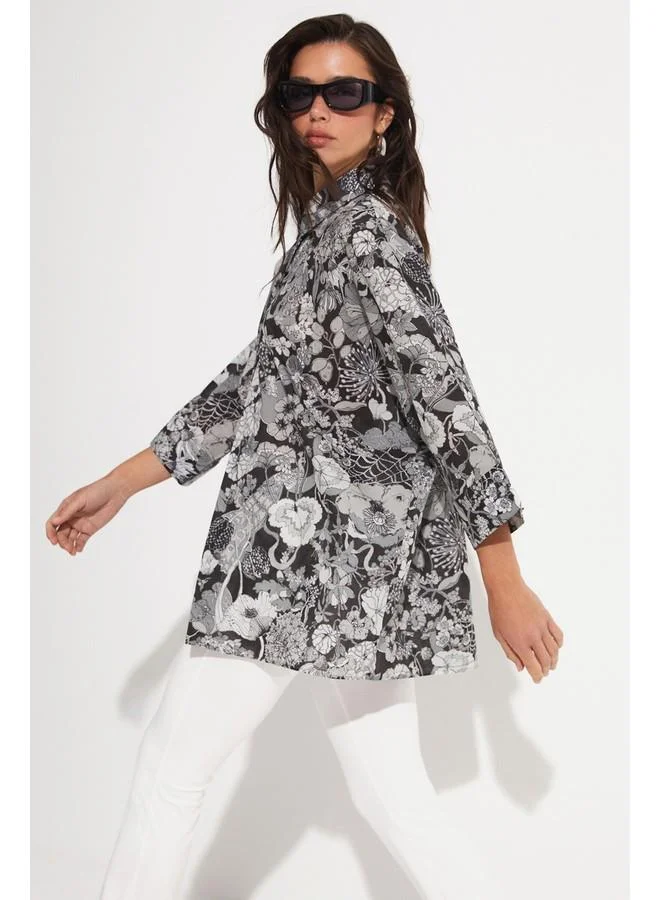 JUNE June Exclusive Floral Patterned Loose Cut Cotton Shirt Anthracite