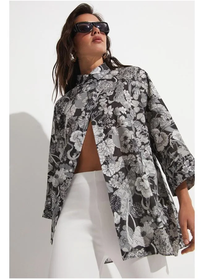 جون June Exclusive Floral Patterned Loose Cut Cotton Shirt Anthracite