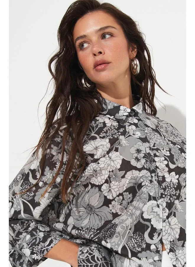 JUNE June Exclusive Floral Patterned Loose Cut Cotton Shirt Anthracite