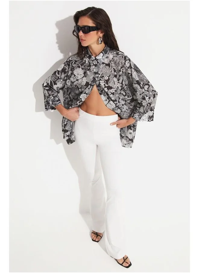 JUNE June Exclusive Floral Patterned Loose Cut Cotton Shirt Anthracite