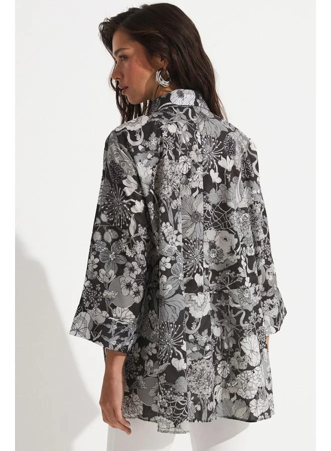 JUNE June Exclusive Floral Patterned Loose Cut Cotton Shirt Anthracite