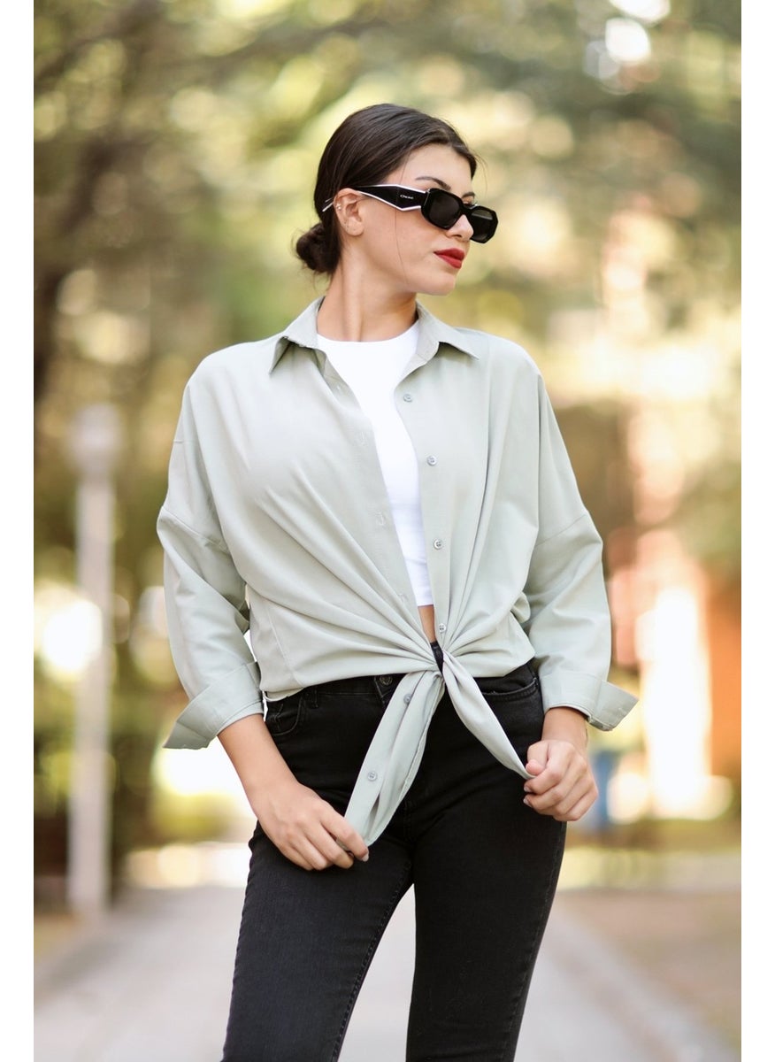 Giysa Olive Women's Long Sleeve Oversize Basic Shirt 95% Cotton - 3900  - Image 1