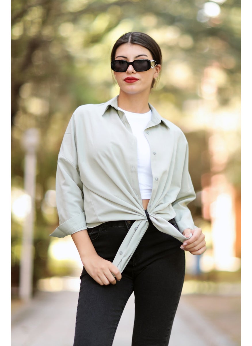 Giysa Olive Women's Long Sleeve Oversize Basic Shirt 95% Cotton - 3900  - Image 2