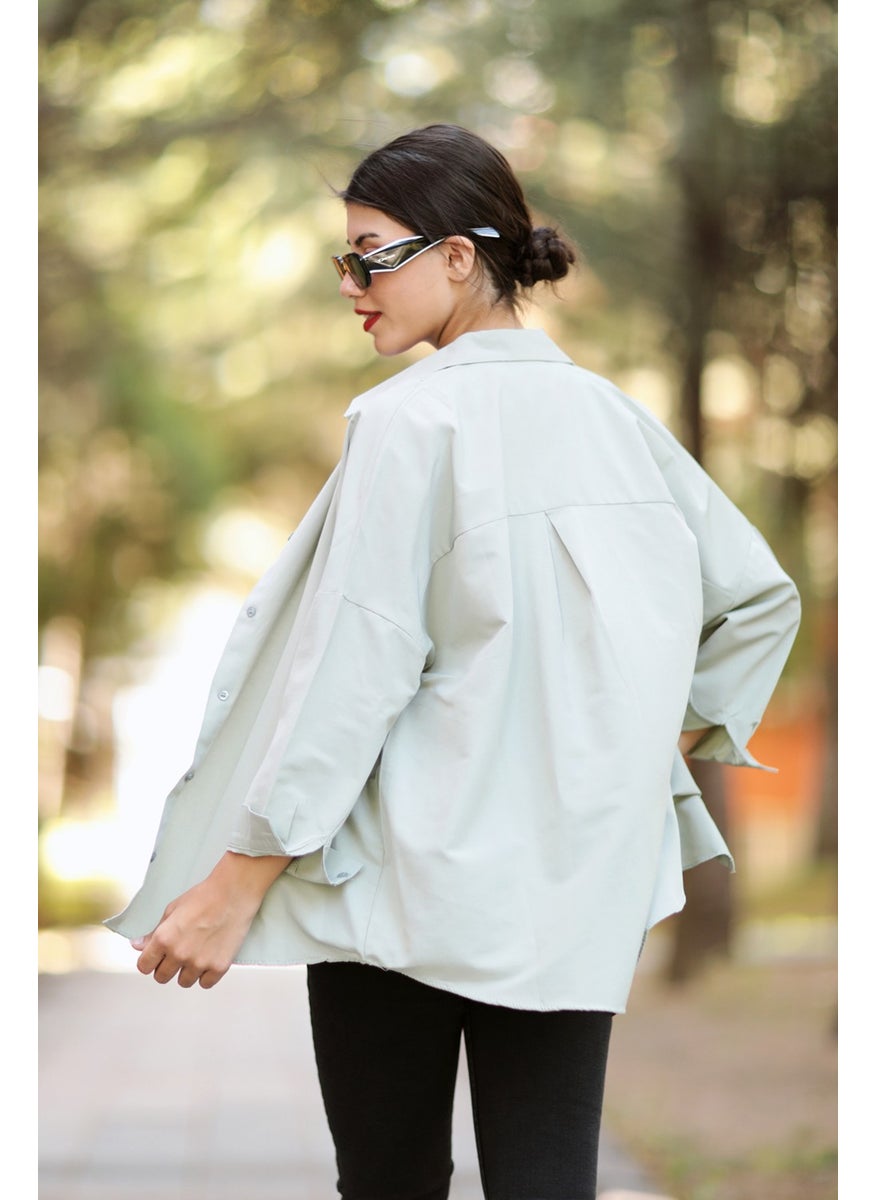 Giysa Olive Women's Long Sleeve Oversize Basic Shirt 95% Cotton - 3900  - Image 5