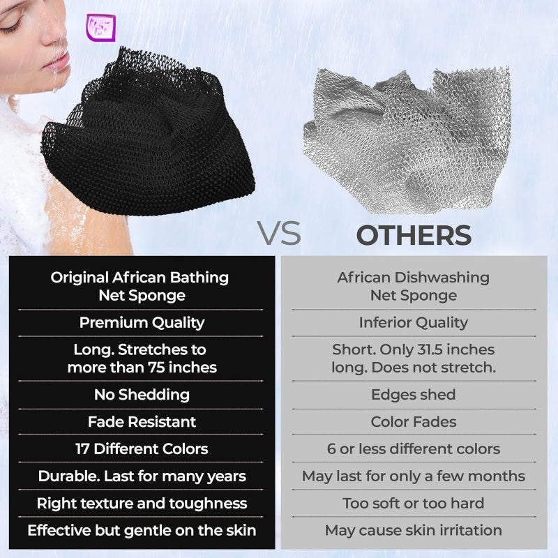 African Exfoliating Net Sponge: 100% Nylon Handmade Scrubber - 17 Colors Machine Washable Long Stretchable Body Cleanser for Daily Shower Use, Men & Women - Image 5