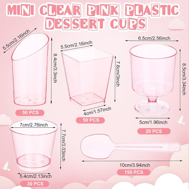 Funnymoom 300 Packs Mini Dessert Cups with Spoons 3 and 5 oz Clear Plastic Square Parfait Shooters Cups Round Goblet for Party Dessert Yogurt Fruit Ice Cream Cake Pudding Transparent Pink - Image 4