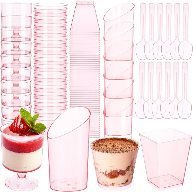Funnymoom 300 Packs Mini Dessert Cups with Spoons 3 and 5 oz Clear Plastic Square Parfait Shooters Cups Round Goblet for Party Dessert Yogurt Fruit Ice Cream Cake Pudding Transparent Pink - Image 1