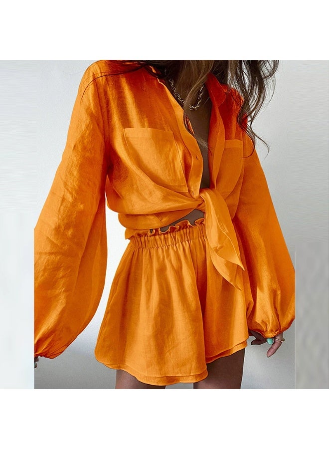 general 2025 - 2026 Women's Solid Color Ruffled Shorts and Blouse Set - Two-Piece Set - Image 1