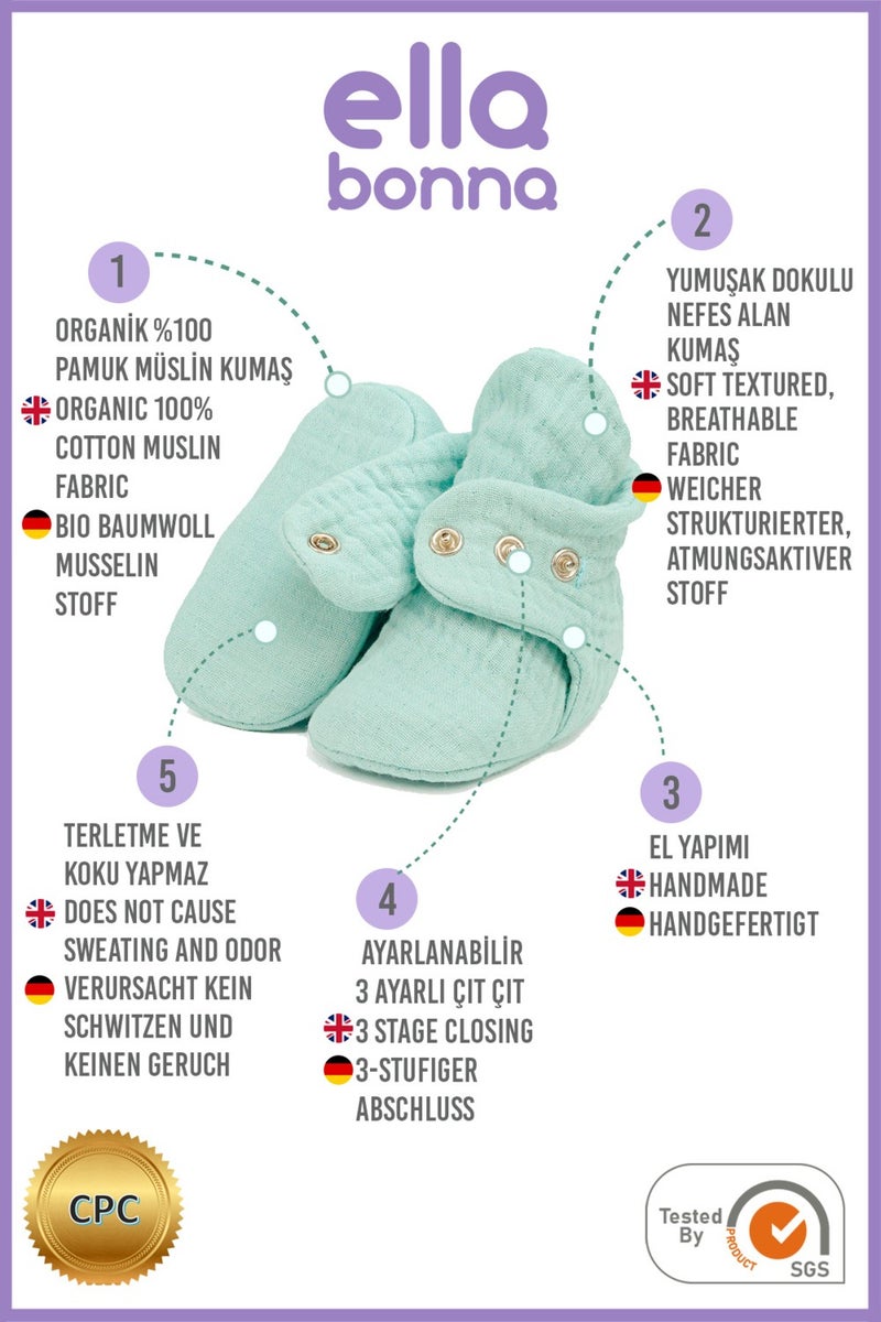 Ella Bonna Muslin Baby Booties, Organic Cotton, Newborn Slippers, Mint Green  - Image 3
