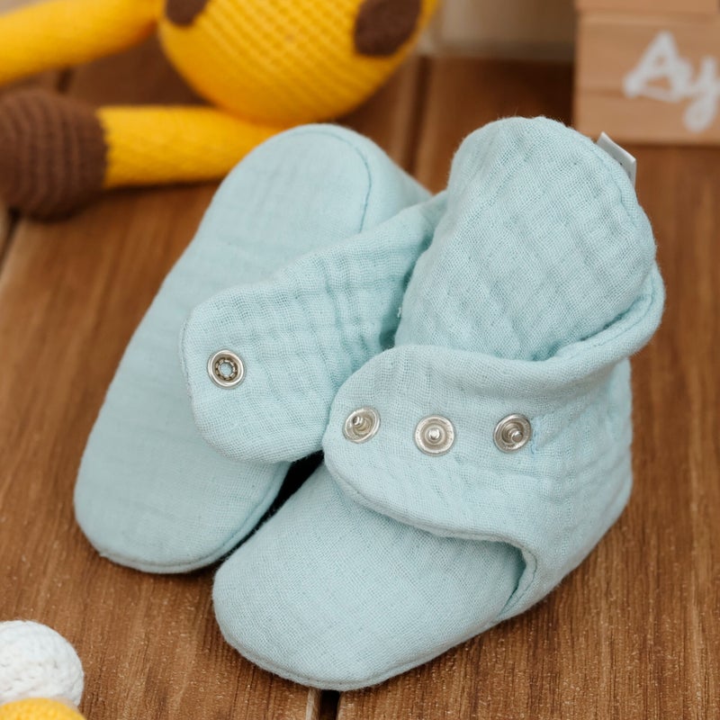 Ella Bonna Muslin Baby Booties, Organic Cotton, Newborn Slippers, Mint Green  - Image 2