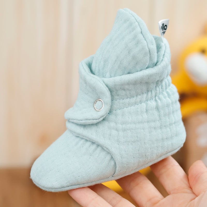 Ella Bonna Muslin Baby Booties, Organic Cotton, Newborn Slippers, Mint Green  - Image 5