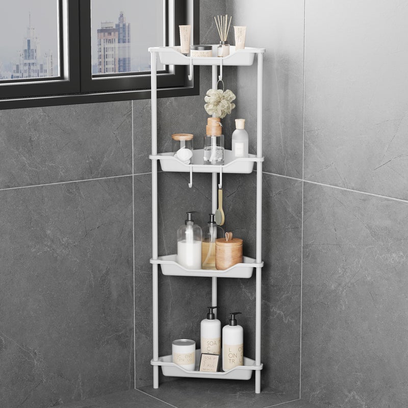ODesign 4 Tier Corner Shower CaddyCorner Shower Shelves for Living Room Bedroom BathroomShower TablePlastic Metal Splicing Ground Cabinet Storage Rack108 x 108 x 446 inches WhiteRustproof