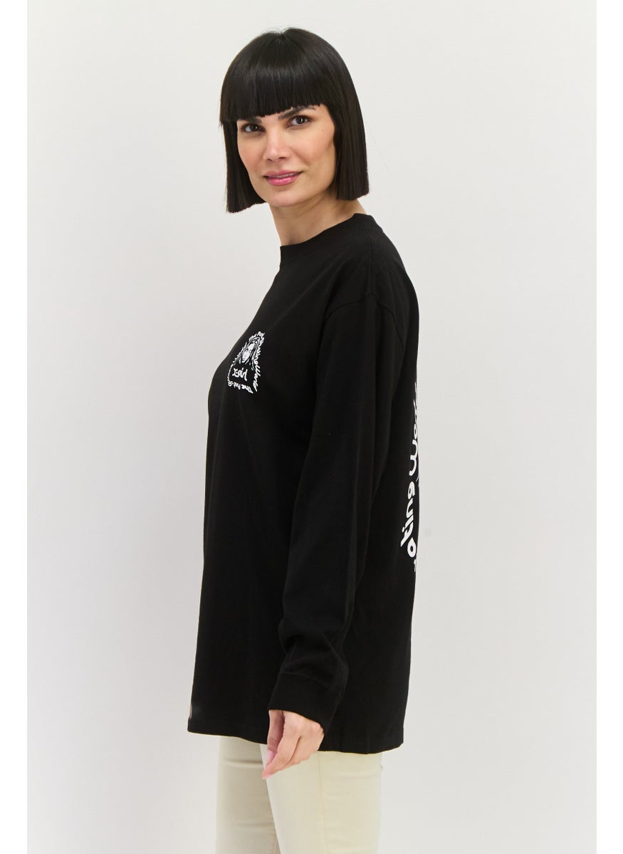 X-Girl Women Round Neck Long Sleeves Graphic Print T-Shirt, Black  - Image 2