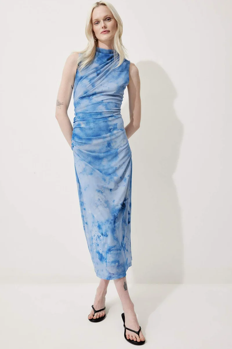 ديفاكتو Half Turtleneck Printed Tulle Maxi Dress