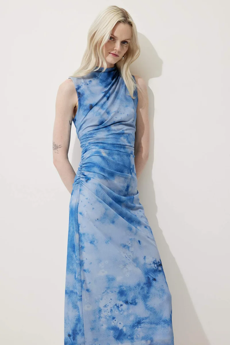 ديفاكتو Half Turtleneck Printed Tulle Maxi Dress
