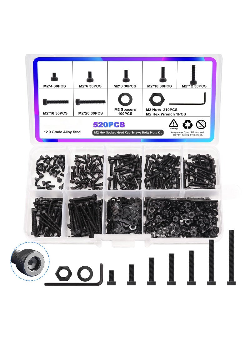 M2 Small Screw Assortment Suitable for 3D Printer DIY, M2 x 4/6/ 8/10/12/16/20mm Hex Socket Head Cap Screws Bolts Nuts Kit, 520PCS 12.9 Grade Alloy Steel Assorted Screws with Hex Wrench  - Image 1