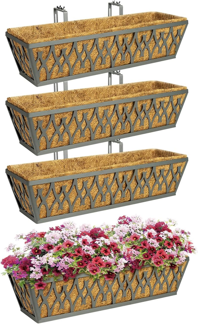 Karlliu 4 Pack 24 Inch Window Boxes Planters Railing Planter Box with Adjustable Brackets for Porch Fence Patio Balcony Hanging Flower Baskets with Coco Liners for Outdoor Garden Decor - Dark Grey - Image 1