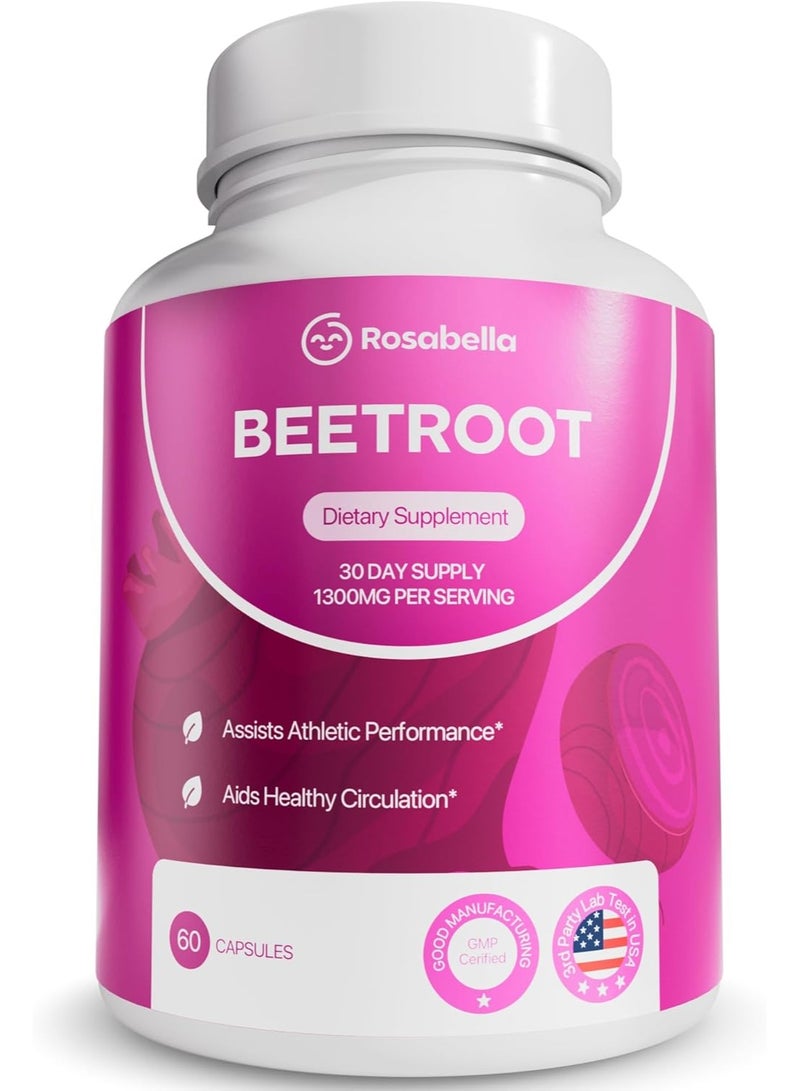 Rosabella Rosabella Organic Beet Root Capsules – 1300mg Beetroot Powder for Natural Energy & Endurance Support, Non-GMO, Lab-Tested Beet Supplement - 60 Capsules, 30-Day Supply - Image 1