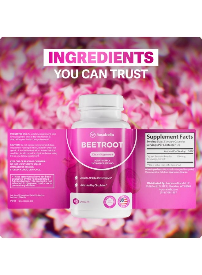 Rosabella Rosabella Organic Beet Root Capsules – 1300mg Beetroot Powder for Natural Energy & Endurance Support, Non-GMO, Lab-Tested Beet Supplement - 60 Capsules, 30-Day Supply - Image 2